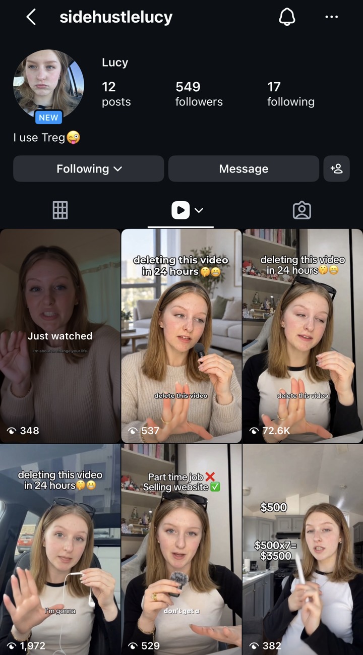 sidehustlelucy Instagram account, Reel with 72.6K views